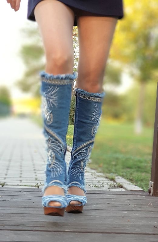 kožená a atestovaná obuv Originální „Jeans“ kozačky 4044 na klínku Starbluemoon