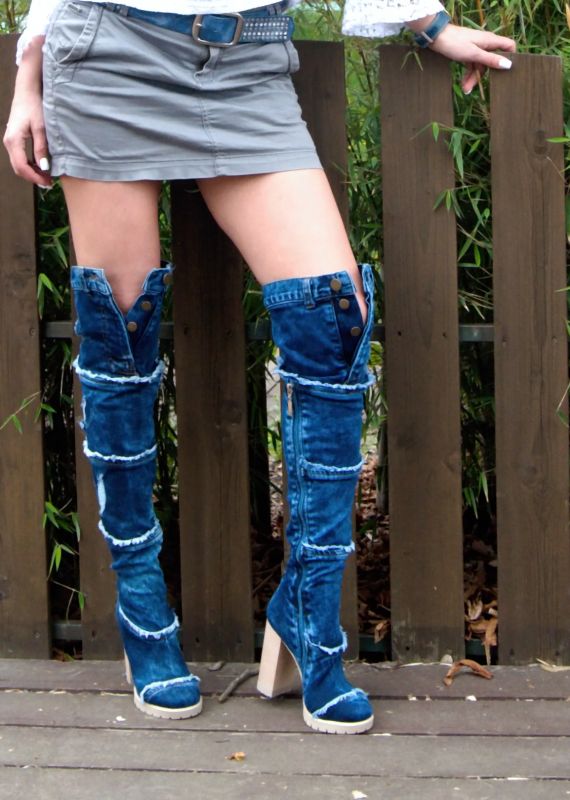 kožená a atestovaná obuv Originální „Jeans“ nad kolenní kozačky s třásněmi 6041 Starbluemoon