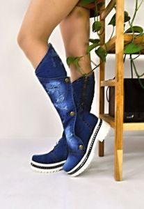kožená a atestovaná obuv Dámské originální džínové kozačky na platformě „STAR BLUEMOON" 7036 Starbluemoon