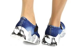 kožená a atestovaná obuv Riflové módní baleriny„841“ na bílé členité platformě s potiskem Starbluemoon