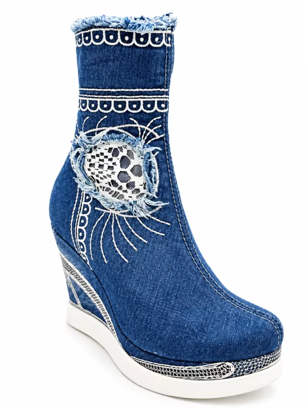 kožená a atestovaná obuv Dámské džínové kotníkové boty na klínku Star Bluemoon